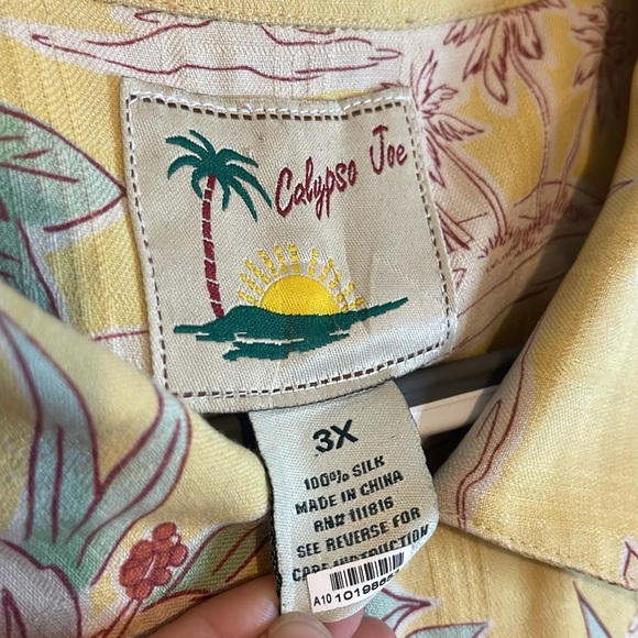 Calypso Joe Men’s 3X Yellow 100% Silk Tropical Tiki Hut Palm Tree Hawaiian Shirt - Picture 2 of 10